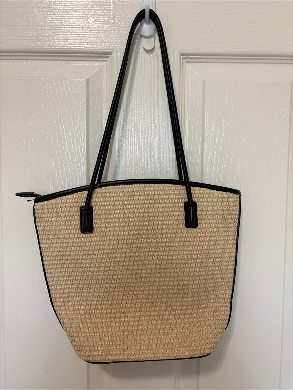 Woven Straw Tote Bag with Black Trim - Beige